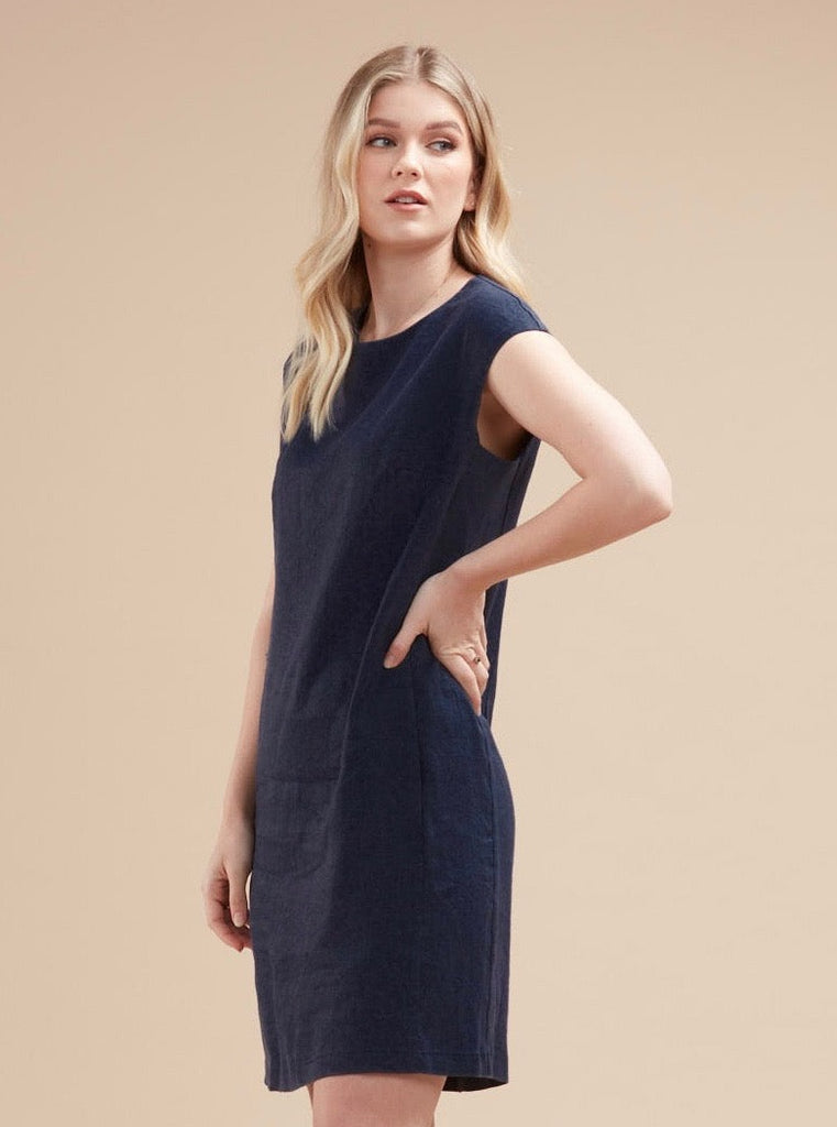 Blue Linen Blend Sleeveless Shift Dress